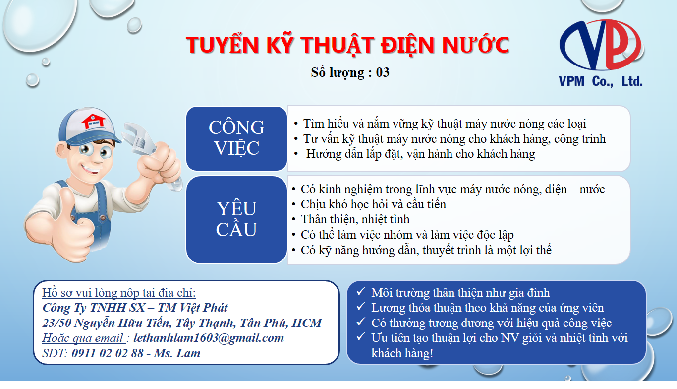 TUYỂN 03 NHÂN VIÊN KỸ THUẬT CHO MÁY NƯỚC NÓNG