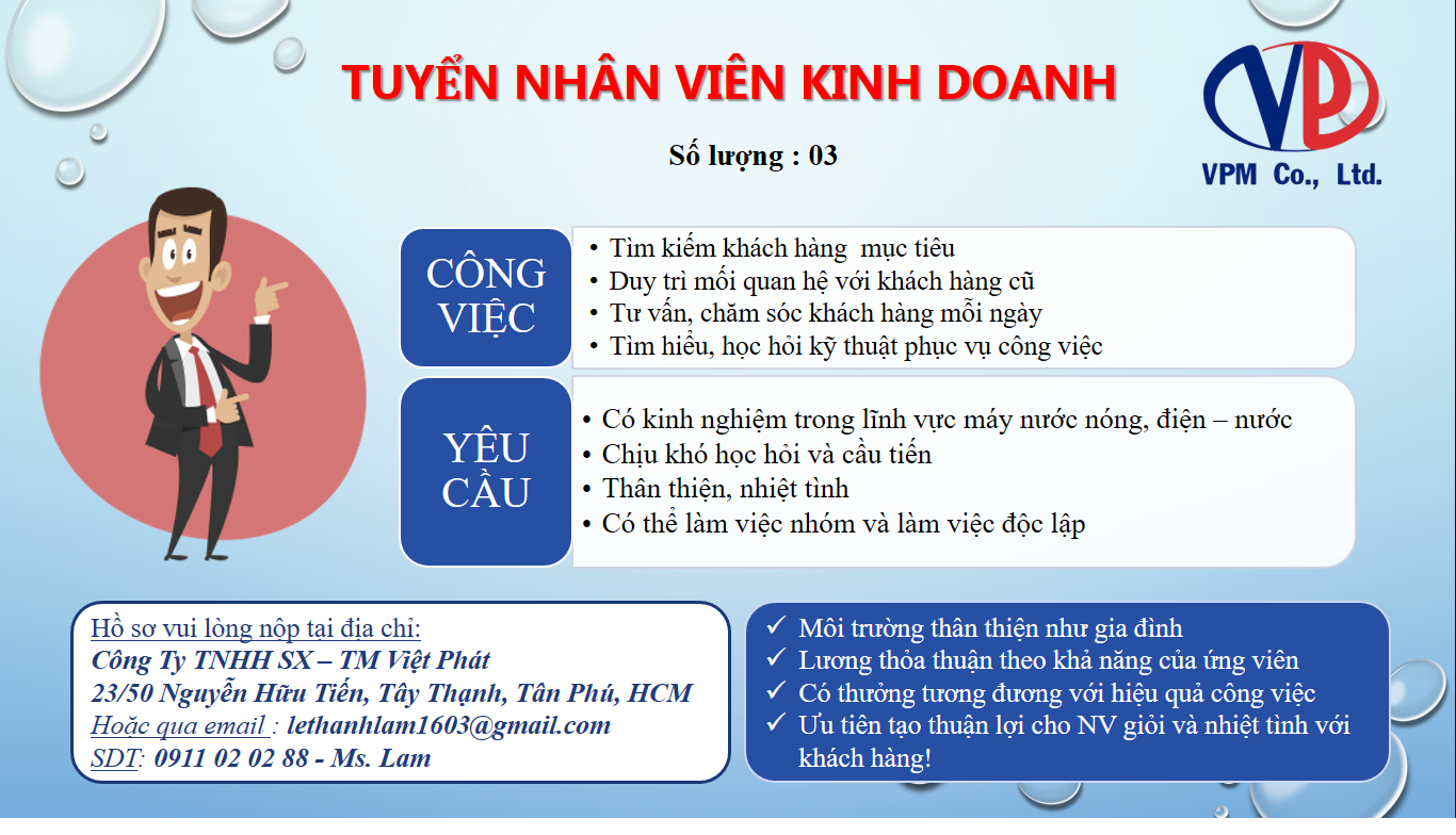 TUYỂN 03 SALES CHO MÁY NƯỚC NÓNG, THIẾT BỊ NÂNG